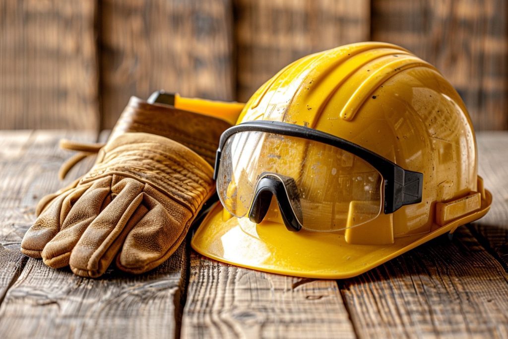 saf brains helmet and safety glasses on wooden backgro